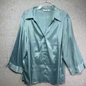 Cato Woman 3X Teal Satin Button Down Blouse Long Sleeve Blue Aqua Wedding Dressy